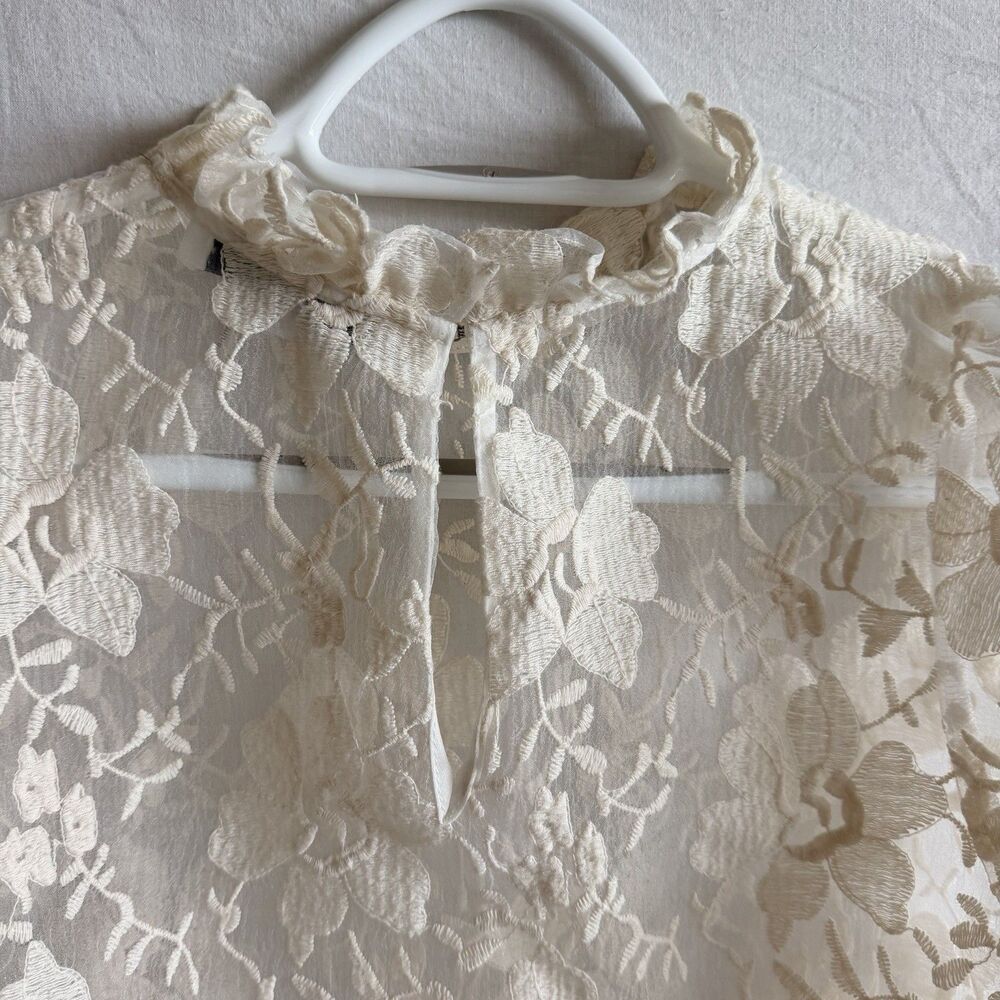 Endless Rose Sheer Floral Embroidered Mesh Blouse Ivory Ruffle Neck Sz S Fairy - Picture 10 of 13